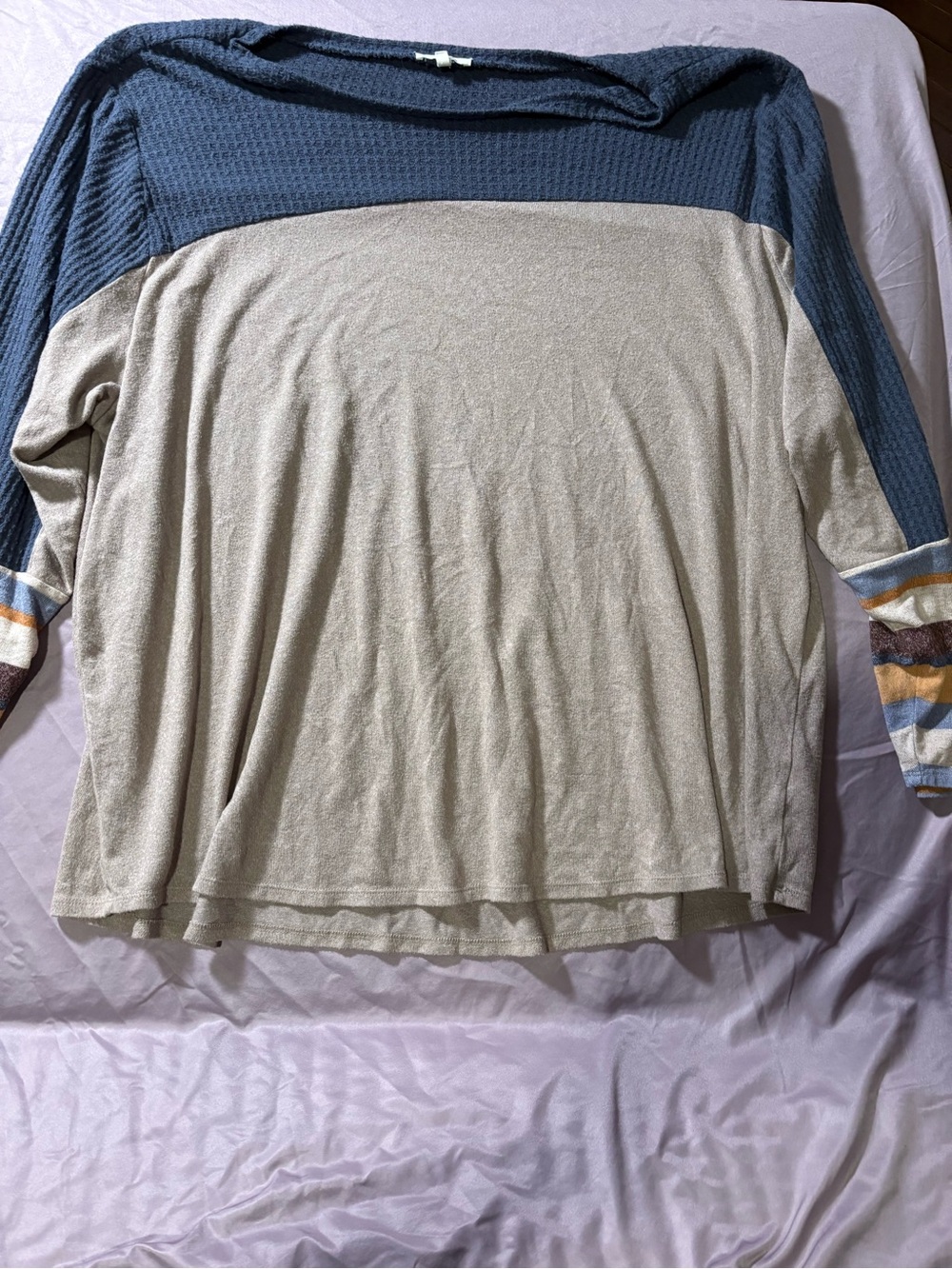 Maurices Colorblock Crewneck Sweater in Blue & Cream with Striped Cuffs